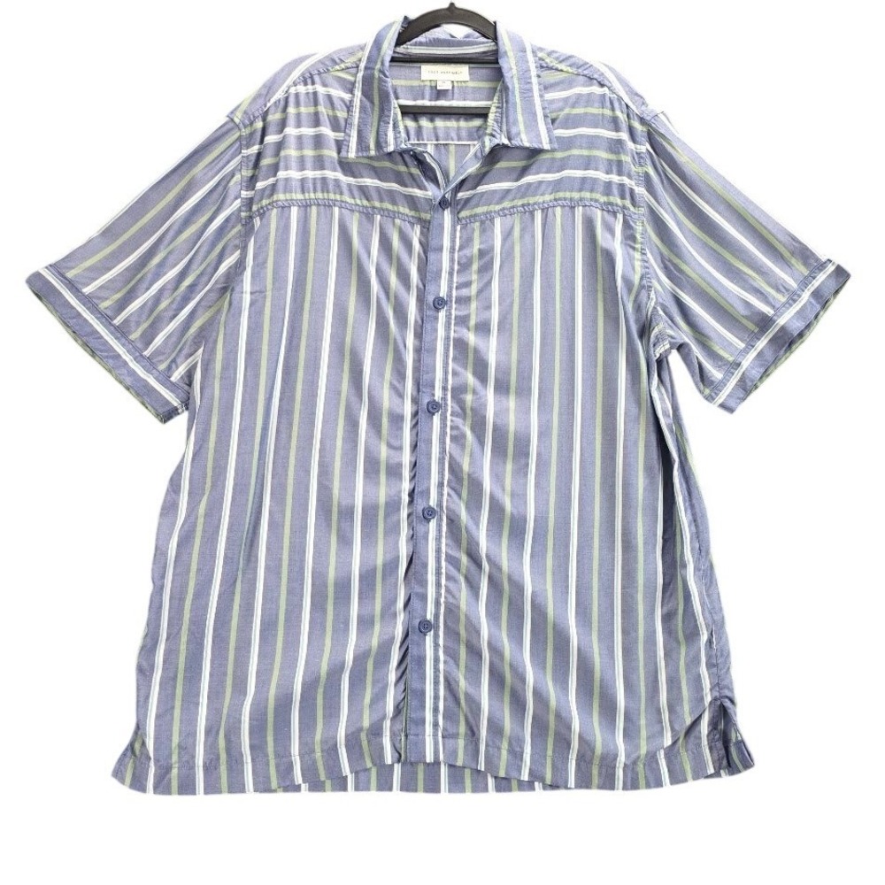 Free Assembly Mens XL Blue‎ Green Striped Viscose Short Sleeve Button Down Shirt